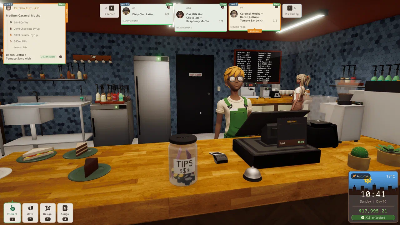 Working the counter beside the tips jar as drink orders come in