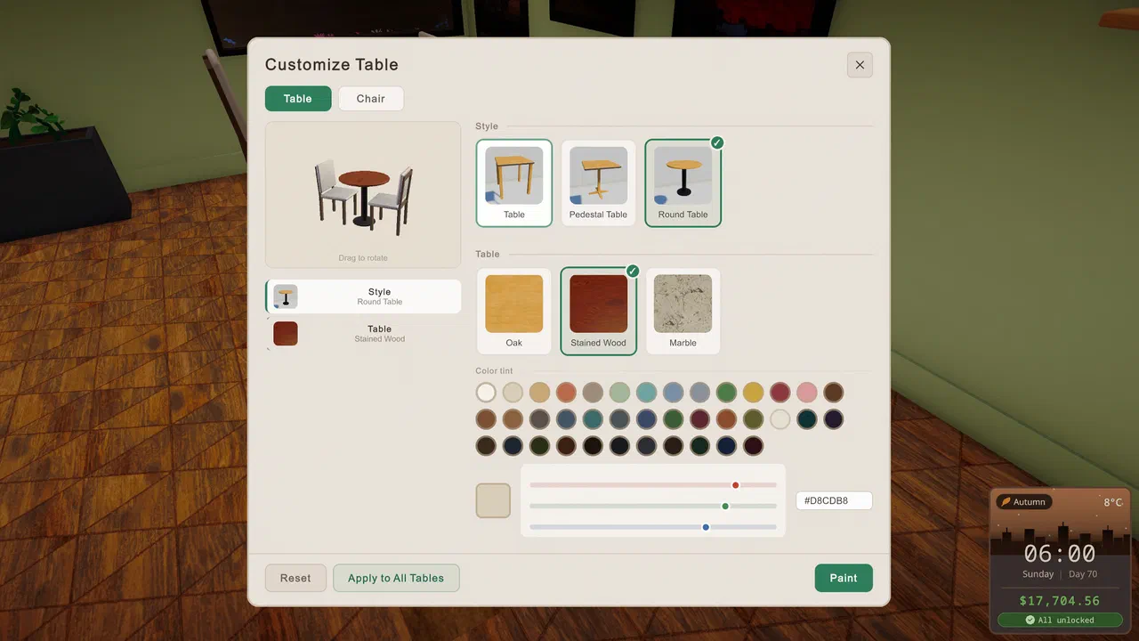 Choosing a table's shape, finish and colour in the customiser
